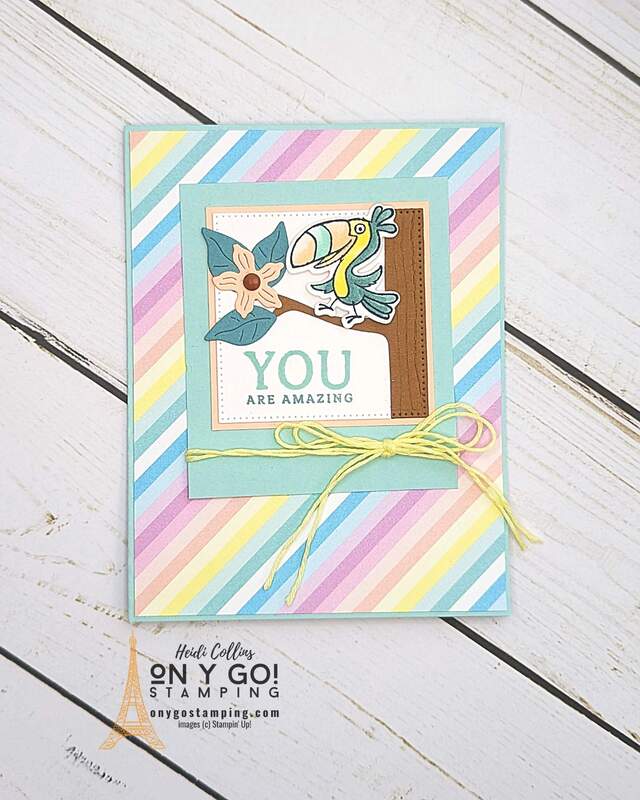 A handmade rainbow card to let someone know how amazing they are. This adorable toucan was stamped with the Jungle Pals stamp set and the tree was created with the coordinating Jungle Pals dies. Earn these fabulous items for free during Sale-A-Bration 2024.