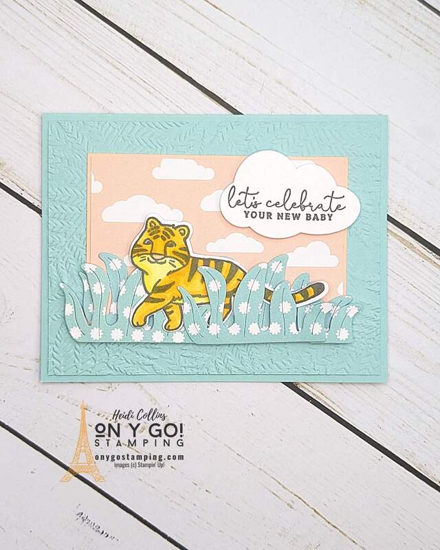 Celebrate a new baby with an adorable handmade card. This cute card was made with the Jungle Pals stamp set and coordinating Jungle Pals dies. Both of these are Sale-A-Bration items that you can earn free.