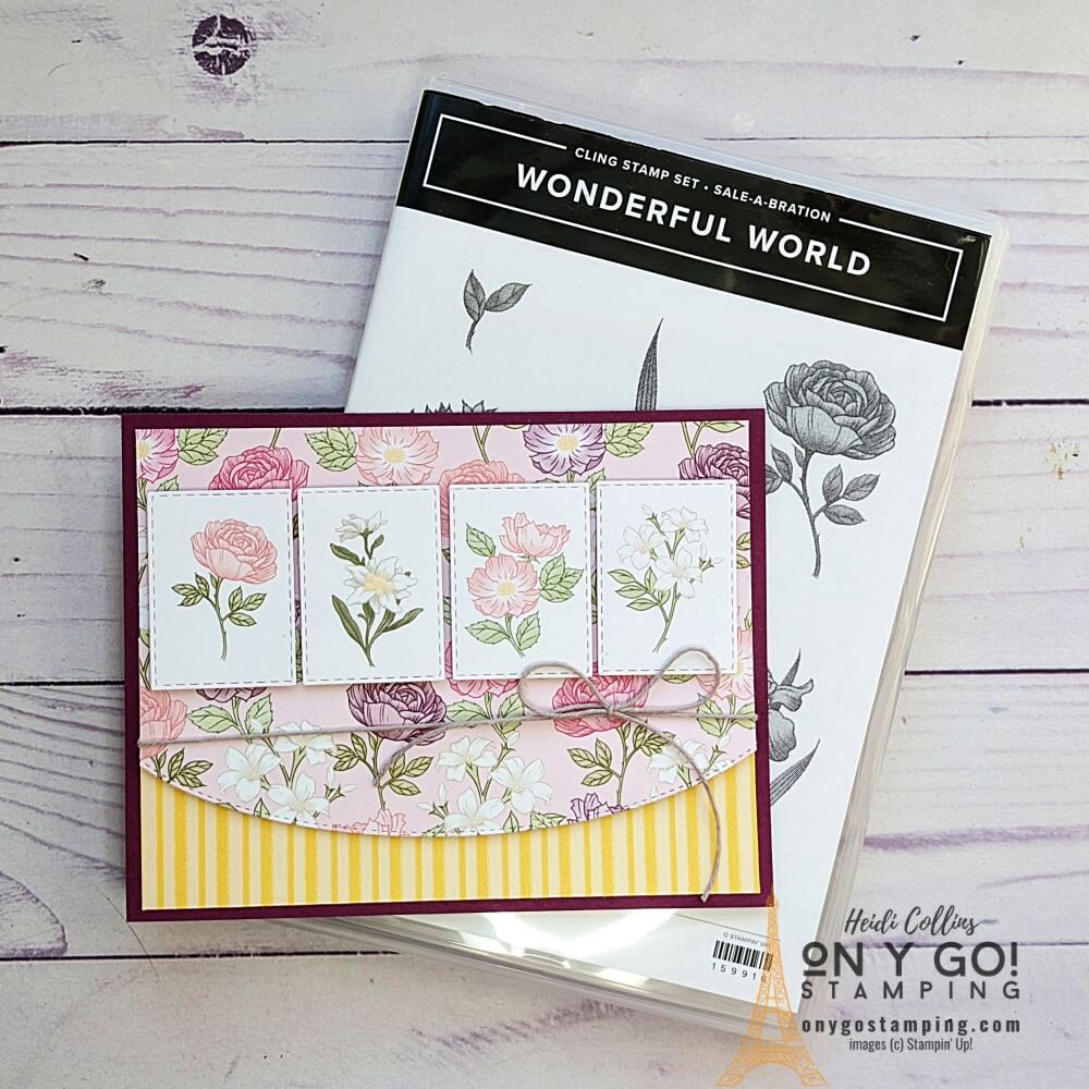 Use patterned paper, like the Wonderful World patterned paper available for FREE during Sale-A-Bration 2022, to create beautiful no-stamping cards