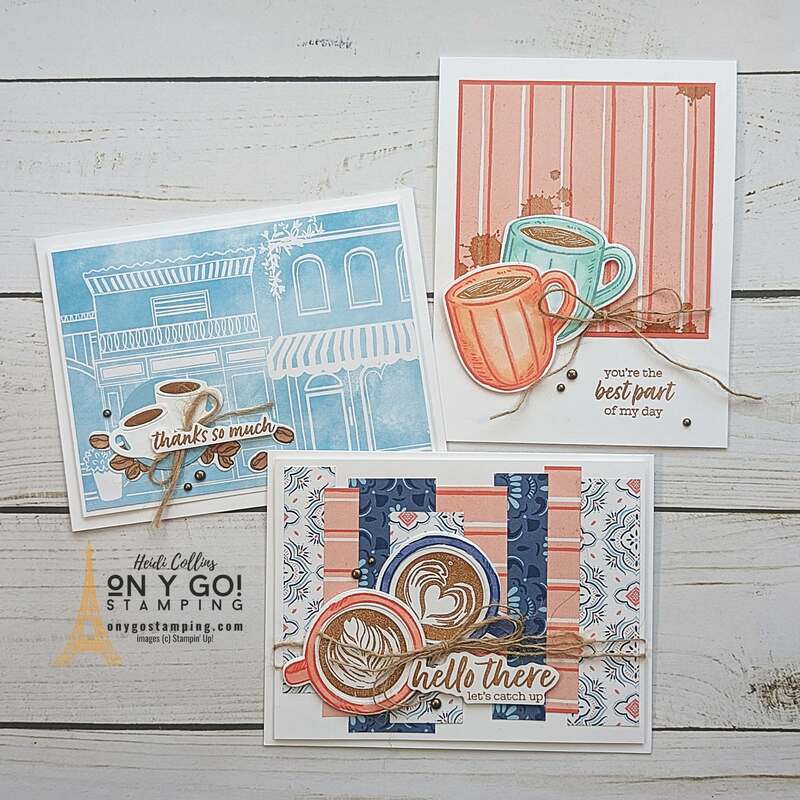 Create fun handmade cards with a coffee theme using the Latte Love stamp set from Stampin' Up!®️ Pair these rubber stamps with the Les Shoppes patterned paper for a different look. 