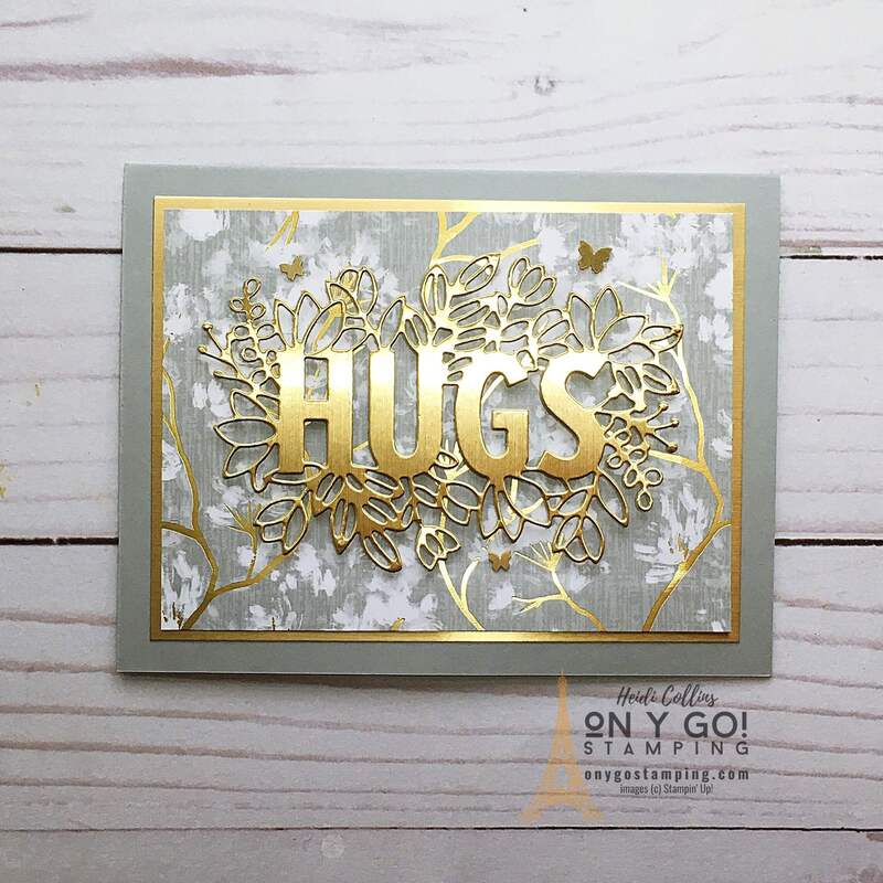 Beautiful handmade card idea with the Layering Hugs dies. This card doesn't use the Sending Hugs stamp set and instead uses the dies on their own. It also incorporates the Symbols of Fortune patterned paper from Stampin' Up!