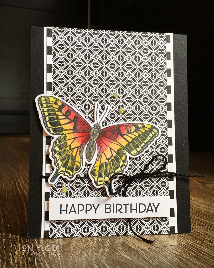Black and white birthday card with a beautiful, colorful butterfly. This gorgeous yellow, orange, and red butterfly is flying on a field of black and white on this handmade card design.