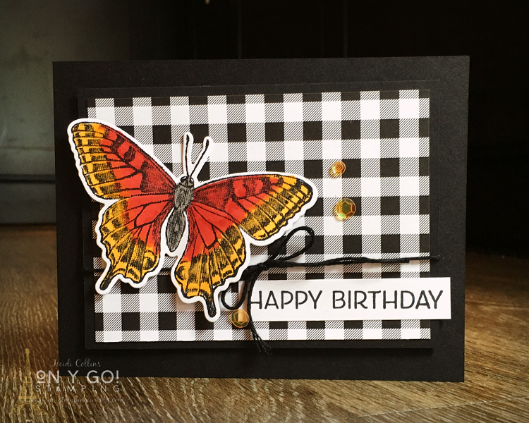 Birthday card design using Stampin' Write markers and the Butterfly Brilliance stamp set on black and white plaid patterned paper.