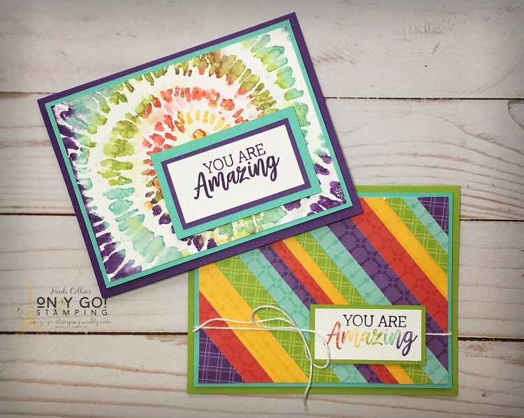 Create colorful handmade cards by coloring on rubber stamps with markers. This fun card making technique makes it simple to create multi-color images. Samples with the You Are Amazing and Spiral Dye stamp sets from Stampin' Up!