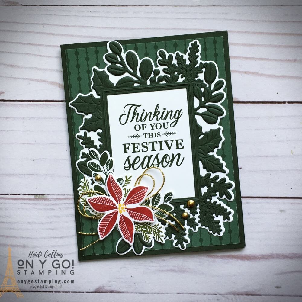 Elegant handmade Christmas card design with the Merriest Moment stamp set, dies, and hybrid embossing folder. Beautiful DIY card design with embossed die-cut images.