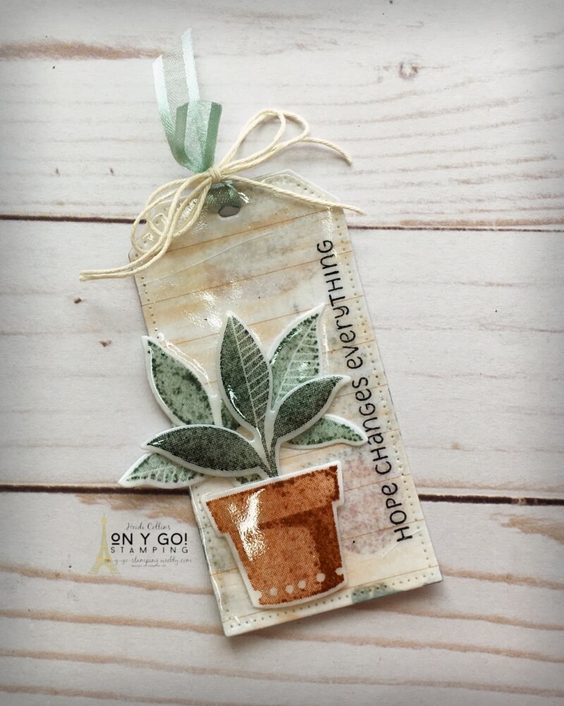 Create a super embossed gift tag using the multi-dipped embossing rubber stamping technique. This fun sample tag uses the Plentiful Plants stamp set from Stampin' Up!