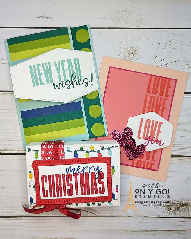 Want to create handmade cards and projects for every occasion? The More Wishes stamp set and Merry Bold and Bright patterned paper from Stampin' Up!®️ is perfect for creating easy handmade cards and gifts. See this fun fold New Year's card, easy Valentine's Day card, and simple gift card holder.