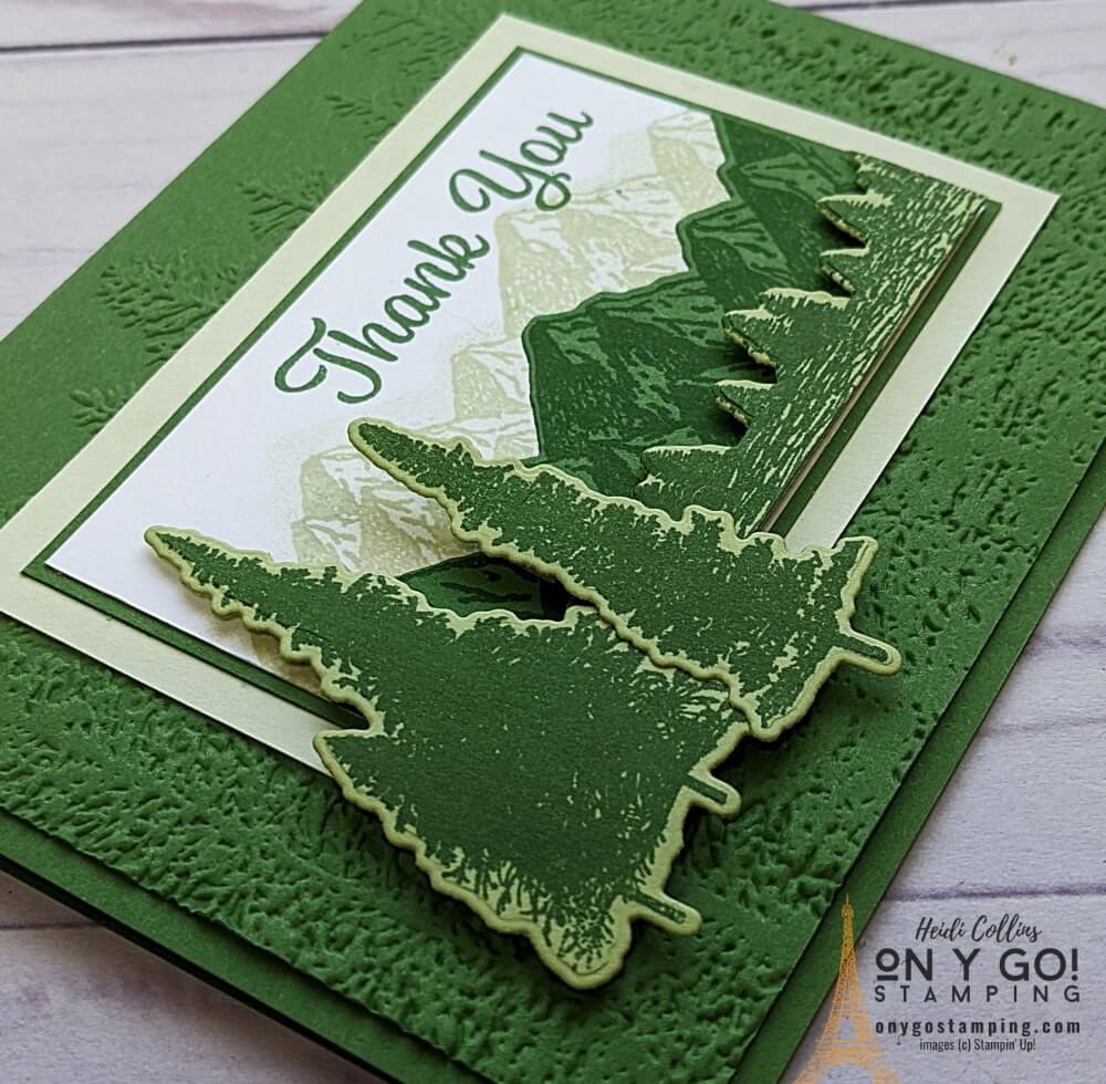 Thank you card idea with the Mountain Air stamp set from Stampin' Up! Get tips for mass producing cards using a stamping platform like the stamparatus.