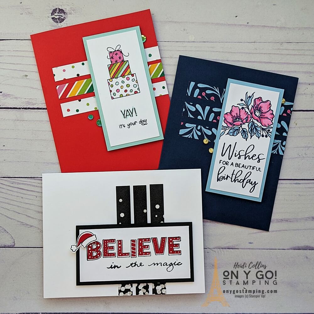 3 Quick and easy handmade card ideas using a card sketch and patterned paper. This card sketch is perfect for making cards for all occasions: birthdays, thank yous, Christmas, and more!