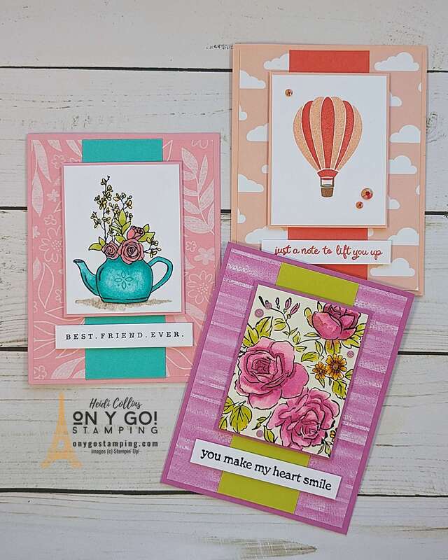 Beautiful handmade cards made from a simple card sketch, rubber stamps, and patterned paper from Stampin' Up!®️ Sample card designs use the Thoughtful Wishes, Layers of Beauty, and Hot Air Balloon stamp sets.