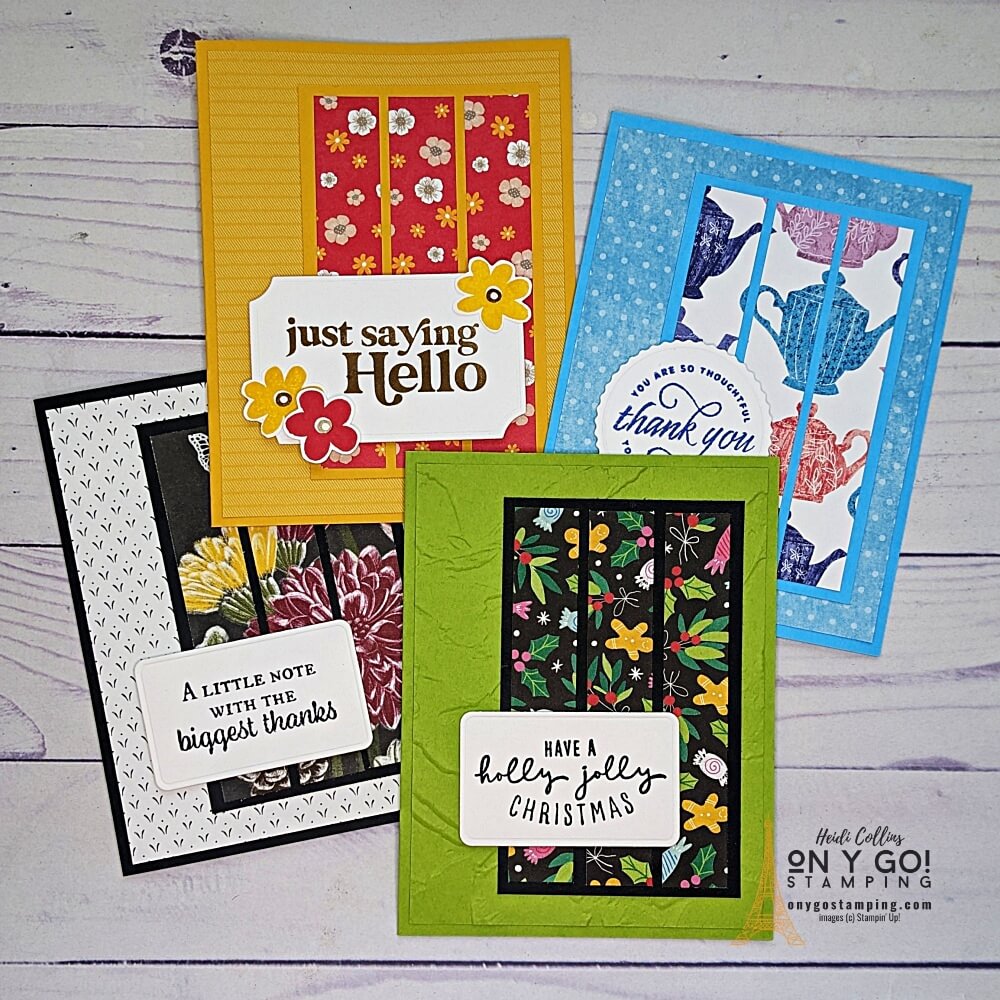 Use a card sketch to create quick and easy handmade cards with rubber stamps and patterned paper. Get the free downloadable quick-reference guide!