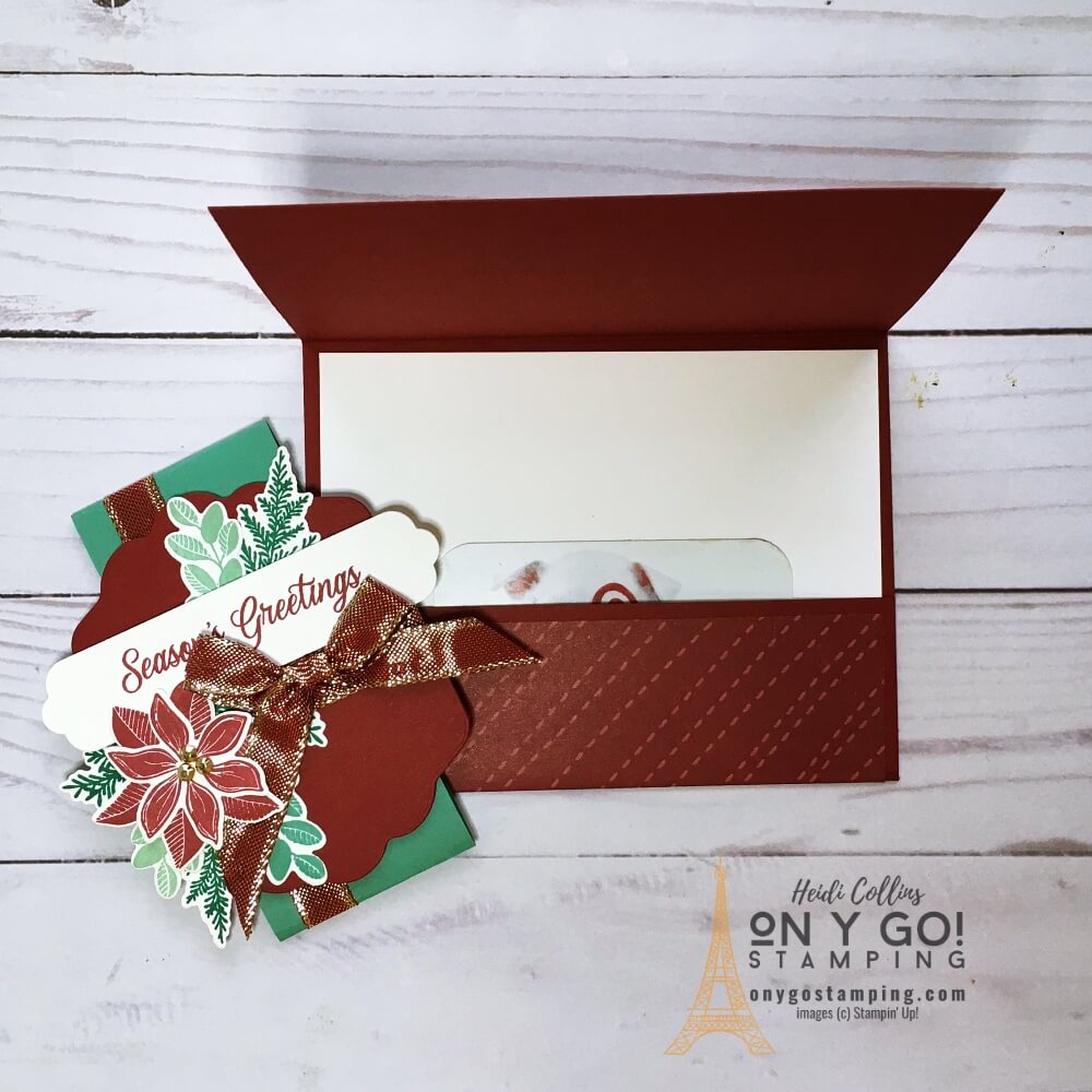 The fun fold is easy to make, but the card is simply elegant and fancy with the Merriest Moments stamp set and Sweet Stockings patterned paper from Stampin' Up!
