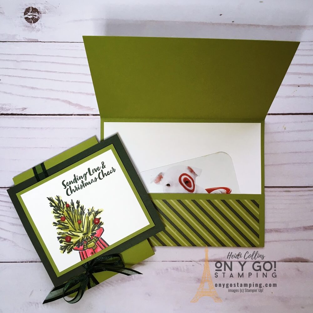 Handmade Christmas Card with Gift Card Holder. This DIY Gift Card Holder uses the Delivering Cheer stamp set from Stampin' Up! and patterned paper.