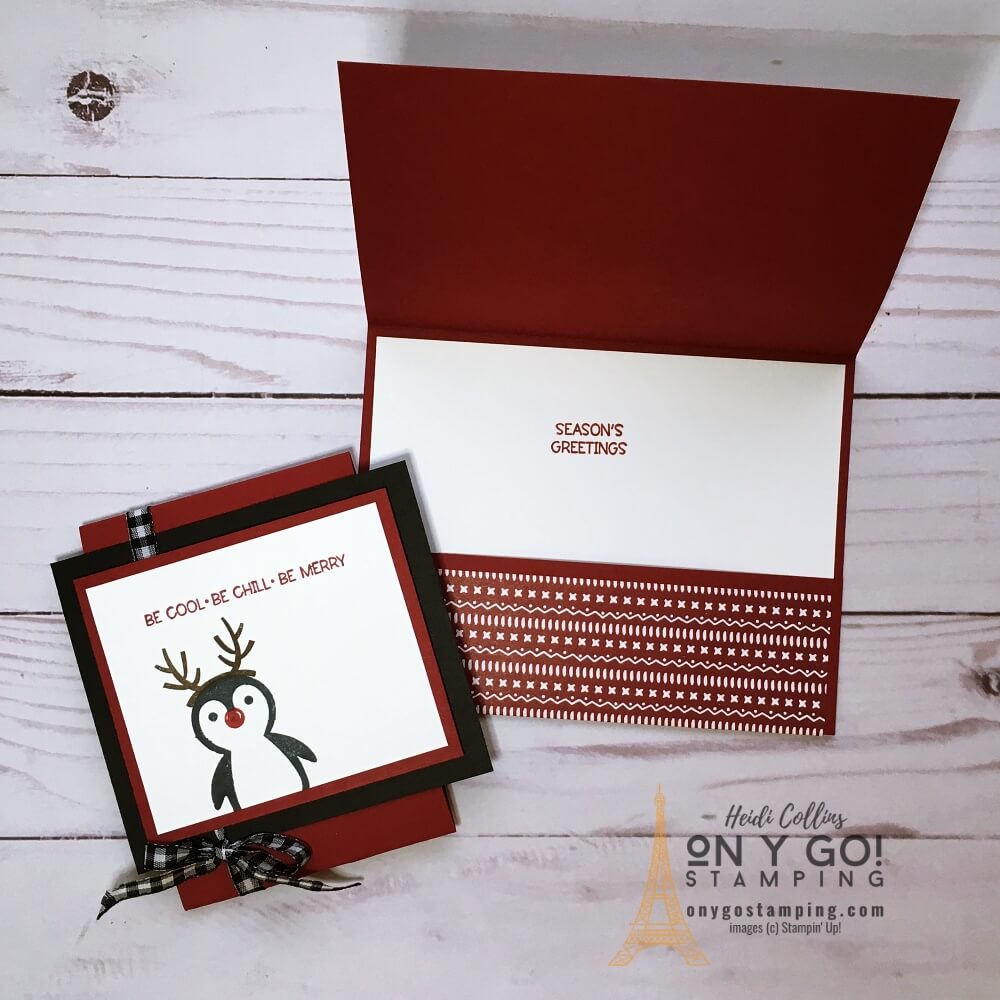 Use the Penguin Place stamp set and Sweet Stockings patterned paper to create an easy gift card holder. This is the perfect DIY Christmas card.