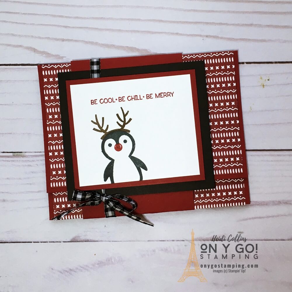 Easy Christmas Gift Card Holder with the Penguin Place stamp set and Sweet Stockings patterned paper. This fun fold card has a spot to place a gift card on the inside.