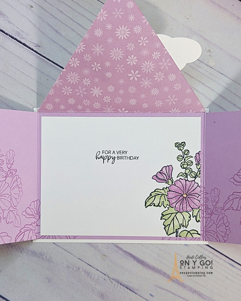 Envelope closure fun fold card using the Beautifully Happy stamp set and Dandy Designs patterned paper from Stampin' Up! Get both of these free during Sale-A-Bration 2023.