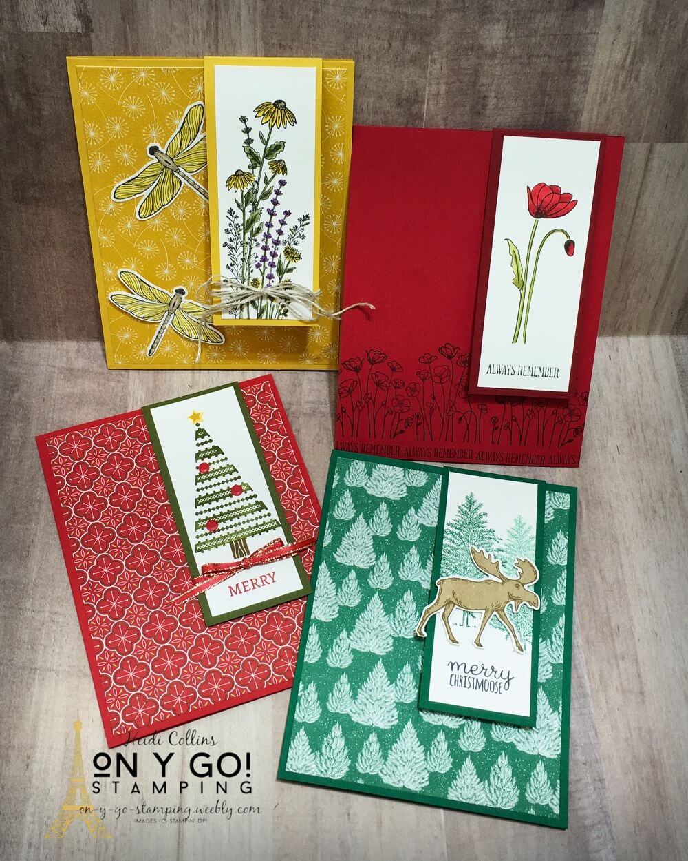 4 Card making ideas using a quick and easy fun fold card design. These samples feature the Painted Poppies, Merry Moose, Tree Angle, and NEW Dragonfly Garden stamp sets from Stampin' Up!