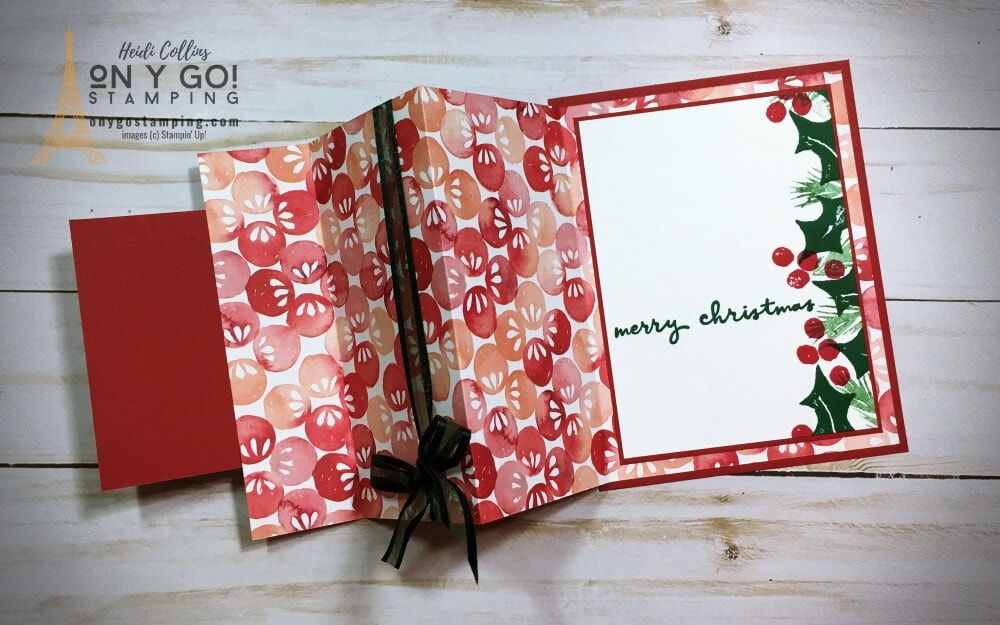 Fun fold holiday card design with the Christmas Season stamp set and Painted Christmas patterned paper from Stampin' Up! This fabulous fun fold card idea opens to show even more of the gorgeous patterned paper.