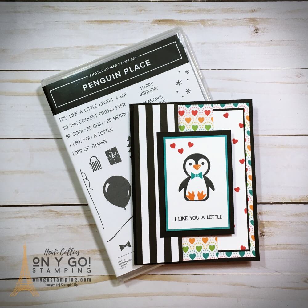 DIY Valentine's card idea with the Penguin Place stamp set from Stampin' Up! Create an easy fun fold card that shows off both sides of your beautiful scrapbooking paper! 