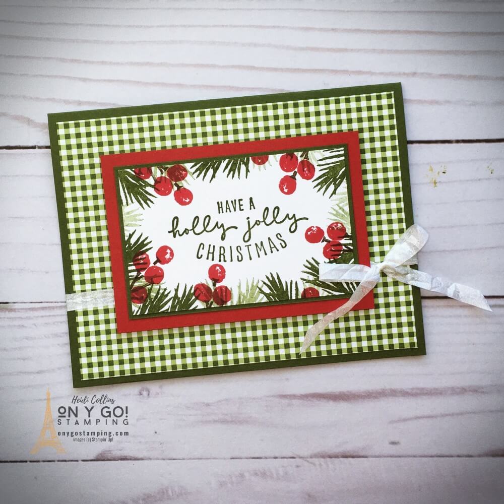 Christmas card design with the Heartwarming Hugs patterned paper and the Christmas Season and Christmas to Remember stamp sets.