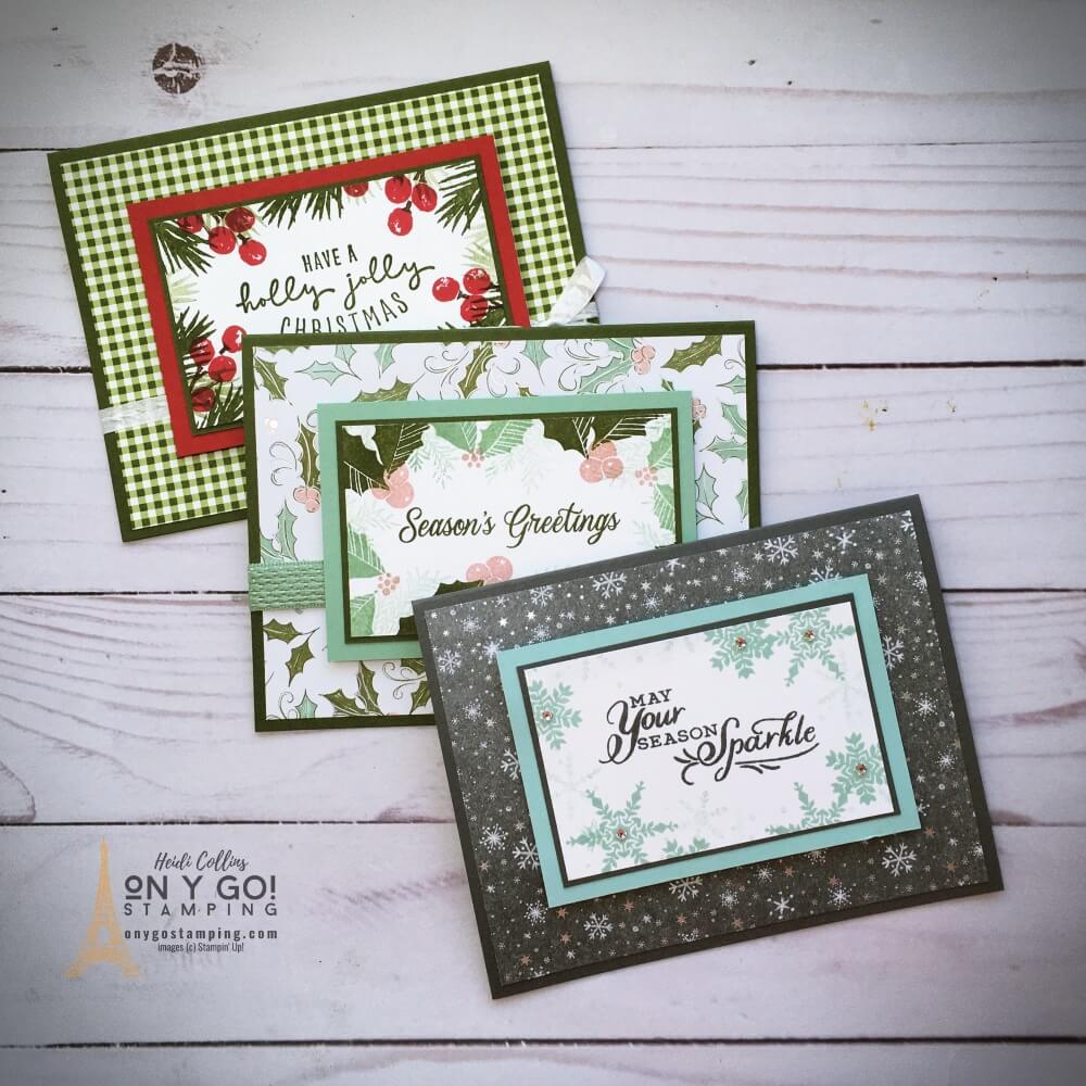 Christmas card ideas with patterned paper and rubber stamps from Stampin' Up! See more about these quick and easy card designs.