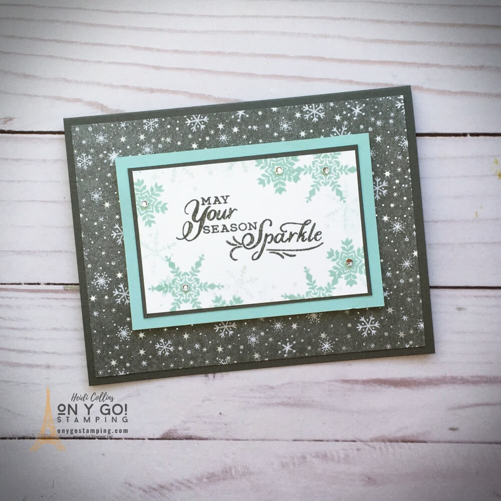 Quick and easy holiday card idea using the Snowflake Wishes stamp set from Stampin' Up! The silver accents on the Peaceful Place patterned paper will certainly make your season sparkle.