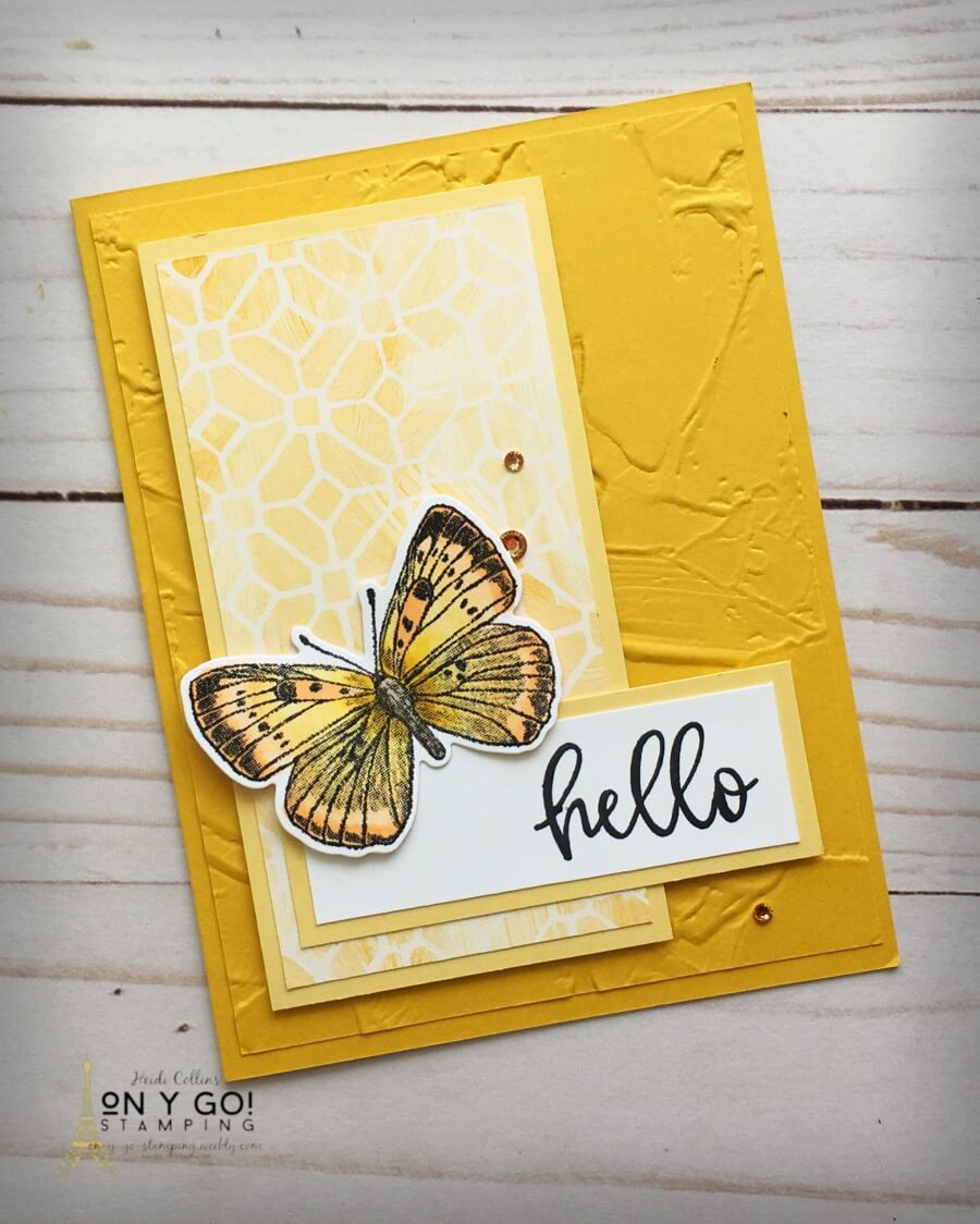 A bright cheery butterfly is flying by to say hello on this handmade card. The Brilliant Wings stamp set is perfect for an all-occasion card. This card design is based on a simple card sketch and is so easy to make!