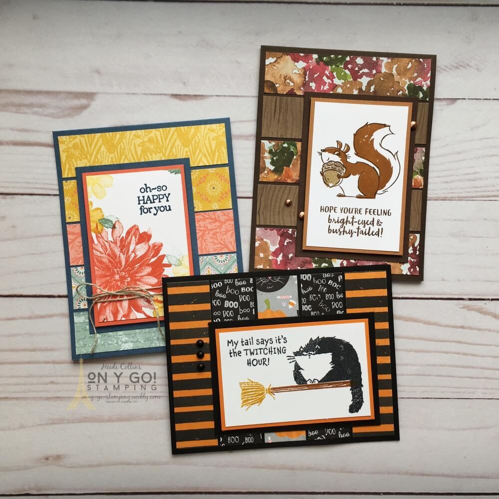 Quick card ideas using patterned paper. Great card ideas for fall or Halloween!