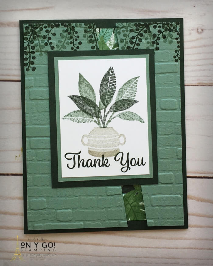 Thank you card idea with the Plentiful Plants stamp set from Stampi' Up! See a hint of the Bloom Where You're Planted patterned paper through the split in the card front.