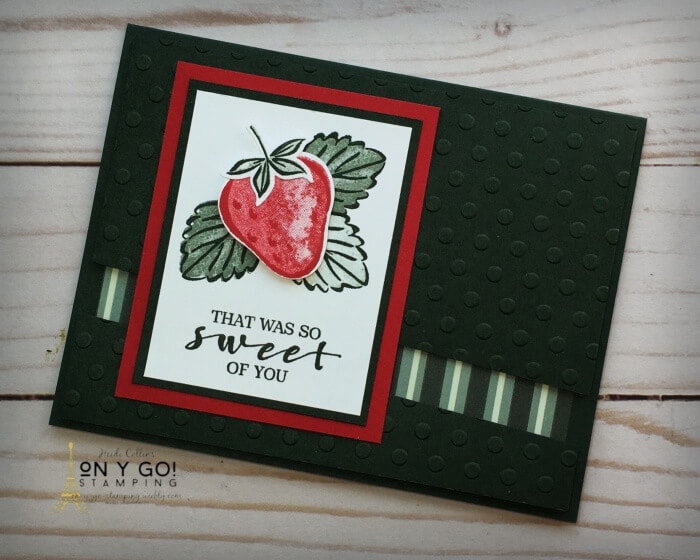 Thank you card idea with the Sweet Strawberry stamp set. This fun card design shows a bit of patterned paper through the cut in the card front.