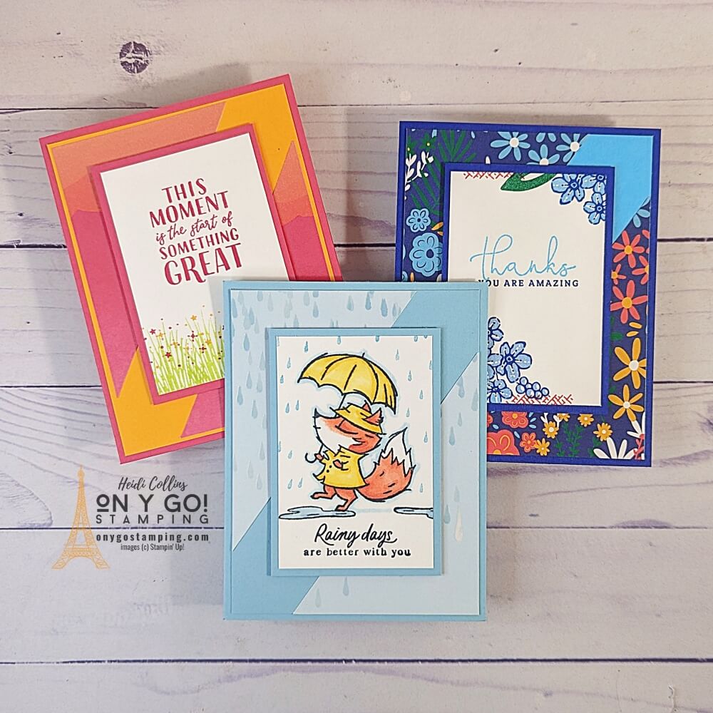 Use a simple card sketch to create quick and easy handmade cards. Sample card designs use the Greatest Journey, Sentimental Park, and Playing in the Rain stamp sets from Stampin' Up! and coordinating patterned papers.