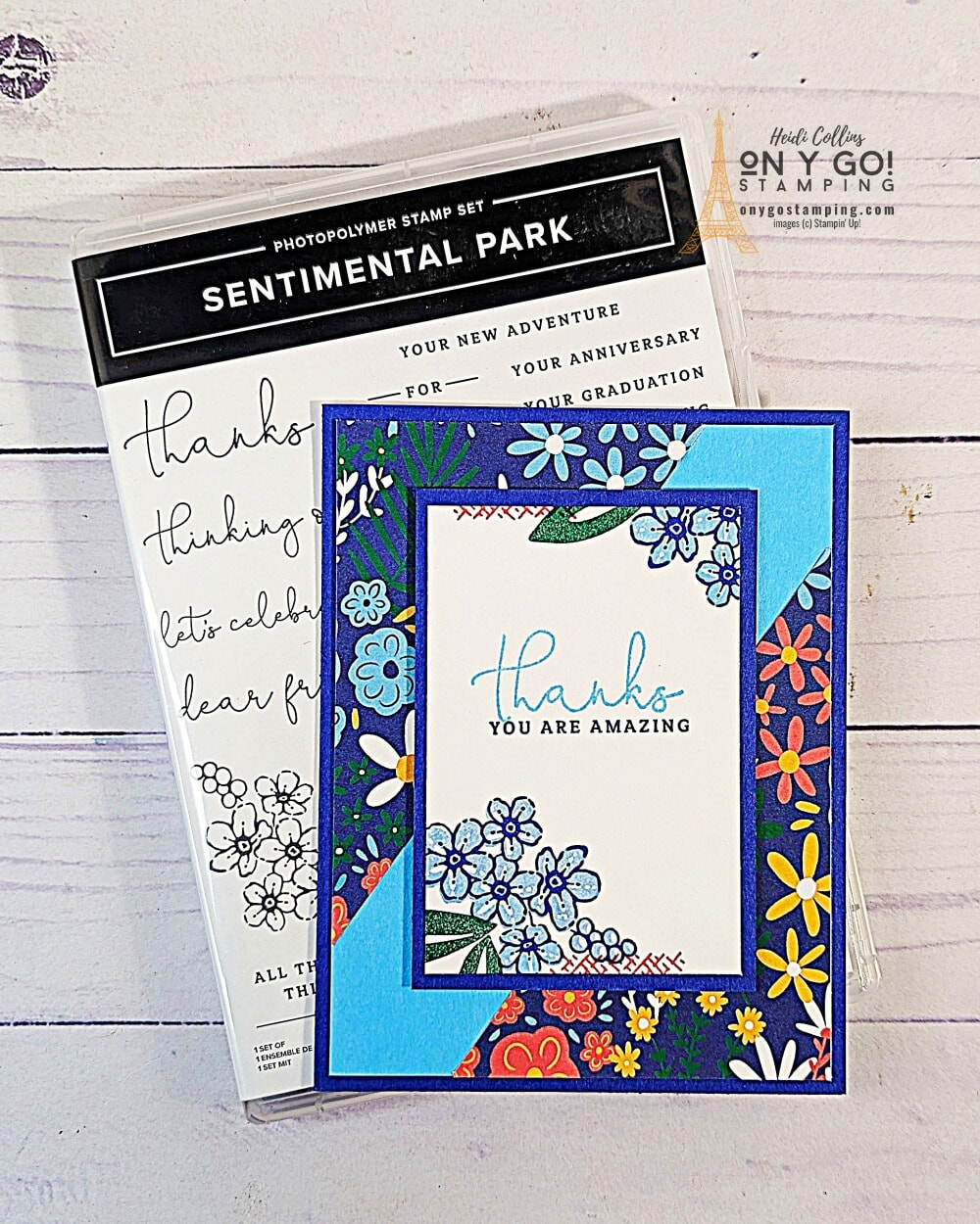 Floral handmade thank you card using the Sentimental Park stamp set and Flowers & More patterned paper from Stampin' Up! This card is quick and easy to make with a simple card sketch.
