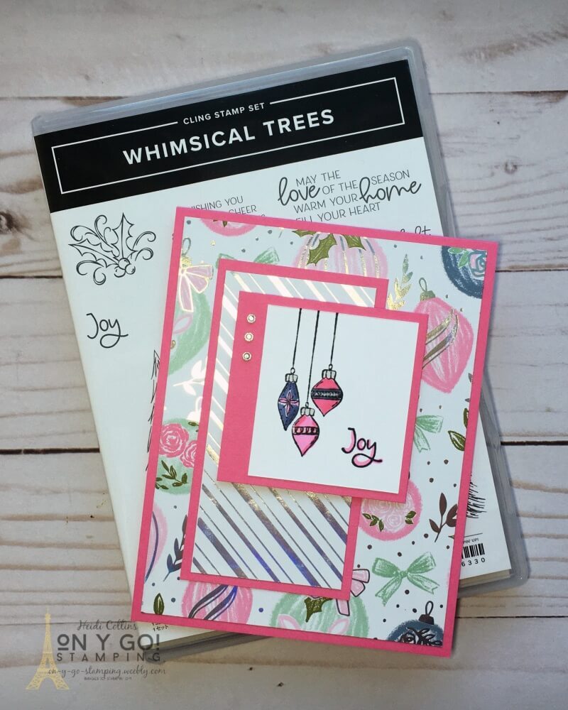The Whimsy and Wonder patterned paper uses alternate Christmas colors like pink! This cute Christmas card idea uses the coordinating Whimsical Trees stamp set from Stampin' Up!