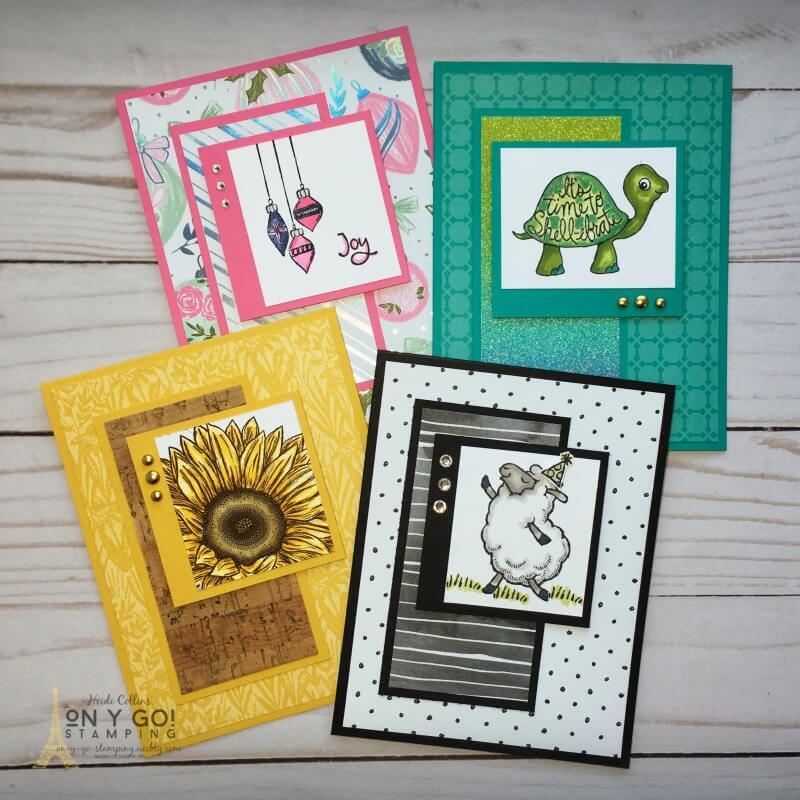 Lots of handmade card ideas using patterned paper and a card sketch. Scrapbooking paper makes it easy to make cards quickly.