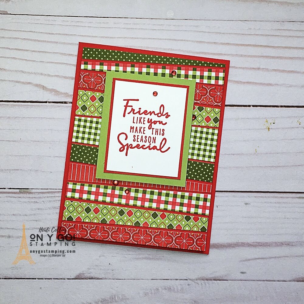 Simple stamping with the scrappy strip card making technique. Create a fun Christmas card with the Heartwarming Hugs patterned paper and Christmas to Remember stamp set from Stampin' Up!