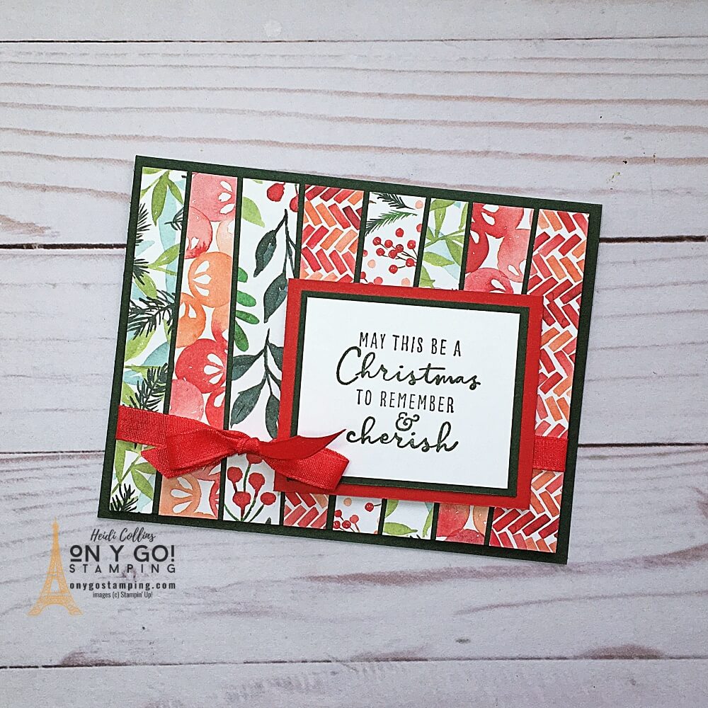 Quick and easy DIY Christmas Card idea with the scrappy strip card making technique. The beautiful Painted Christmas patterned paper creates a fabulous background for a simple sentiment.