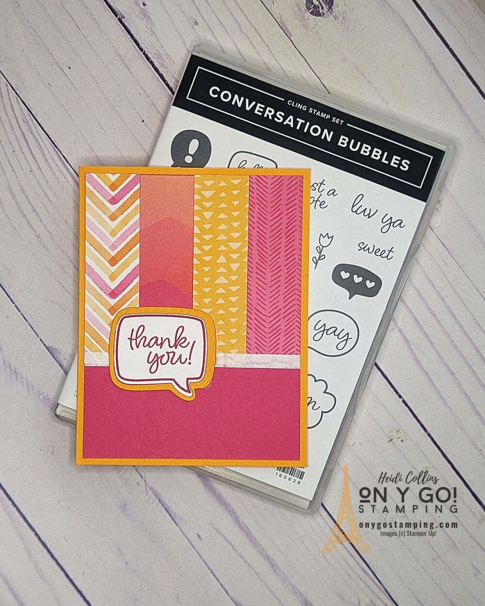 Easy thank you card idea from a card sketch with the Conversation Bubbles stamp set and Enjoy the Journey patterned paper from Stampin' Up!®