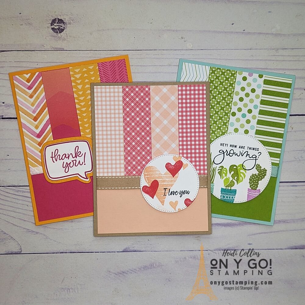 Use patterned paper, rubber stamps, and a simple card sketch to make easy handmade cards. Sample cards use new stamps from Stampin' Up!® including the Country Bouquet, Way to Grow, and Conversation Bubbles stamp sets.
