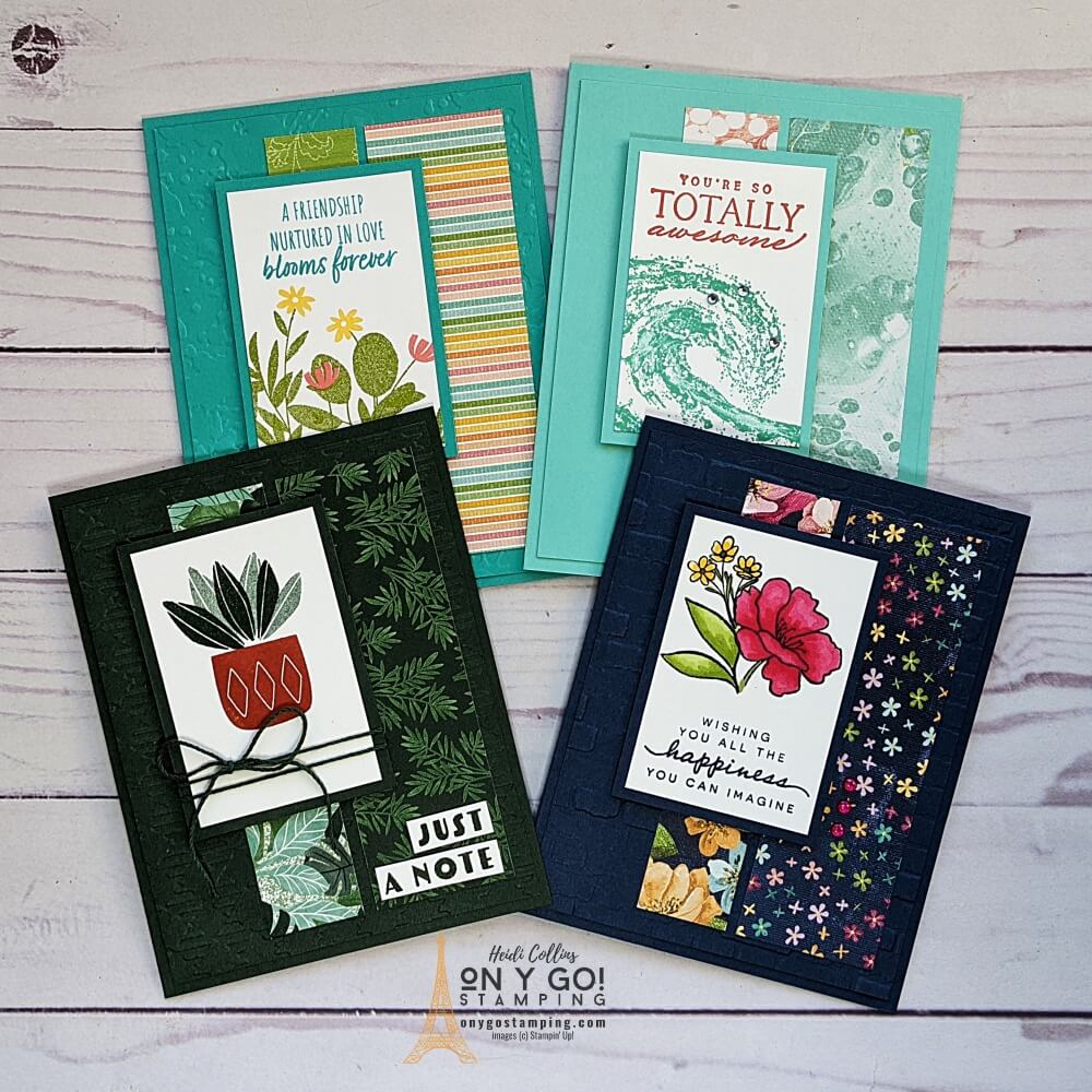 Use a simple card sketch to create quick handmade cards. See the sketch, cutting dimensions, and the supply lists to create these handmade cards using the Happiness Abounds, Waves of Inspiration, Cactus Cuties, and Garden Greenhouse stamp sets from Stampin' Up!