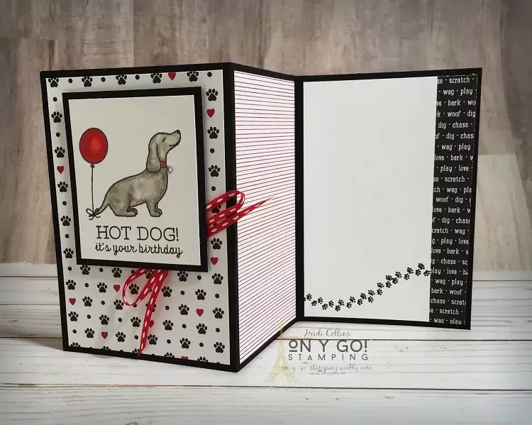 Birthday card idea with a fun fold. This z fold card uses the Hot Dog stamp set and Playful Pets patterned paper from Stampin' Up!