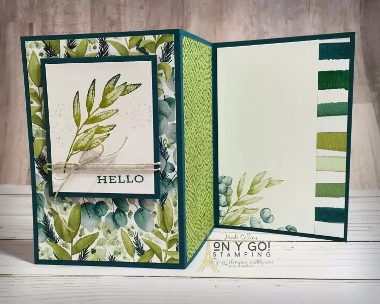Z fold card with the Forever Greenery patterned paper from Stampin' Up! This fun fold card uses the Forever Fern stamp set.