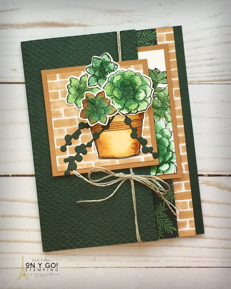 Fun fold card idea for a book card. This handmade card features a pot of succulents from the Simply Succulents stamp set. The inside uses the Bloom Where You're Planted patterned paper from Stampin' Up!