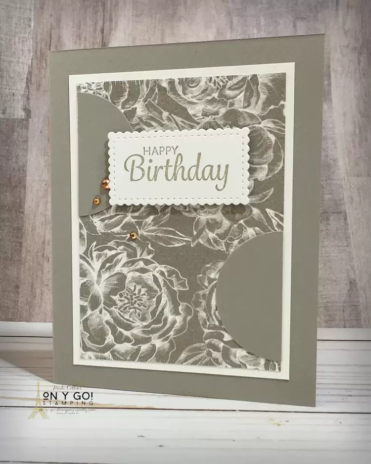 Quick birthday card idea with the Peony Garden patterned paper and a card sketch. This easy card design is quick to make with the Here's a Card stamp set from Stampin' Up!