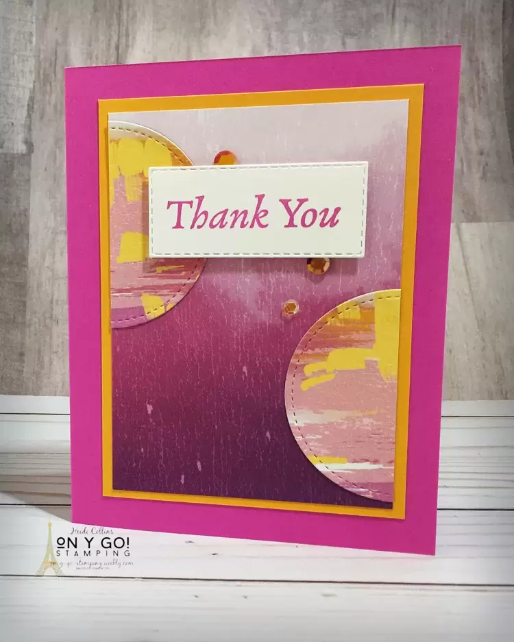 Easy thank you card idea using a card sketch and patterned paper. This handmade card uses the Artistry Blooms patterned paper and Happy Thoughts stamp set from Stampin' Up!