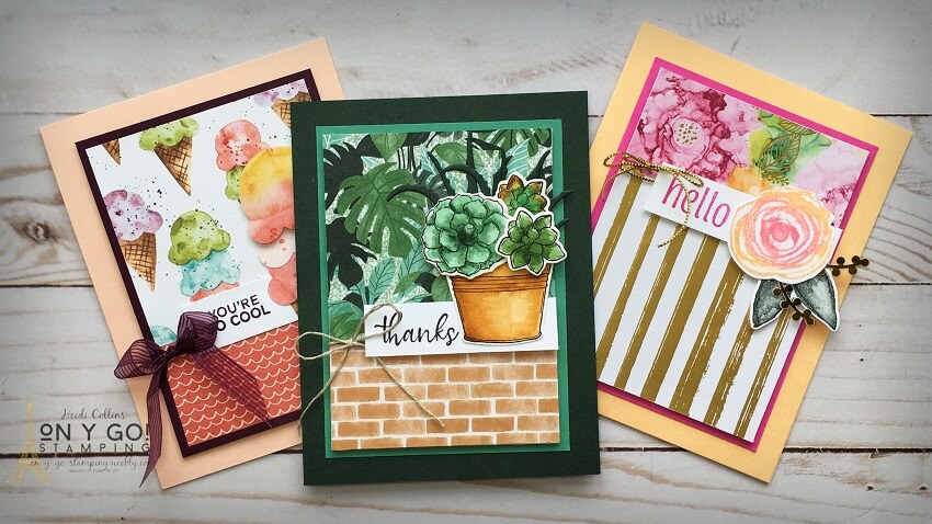 Three card ideas based on a simple card sketch. These card ideas all use patterned paper to make a bold statement in these quick and easy cards.