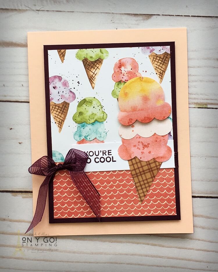 Fun quick and easy card idea using the Ice Cream Corner patterned paper. This simple card is based on a card sketch and has very little stamping. The Ice Cream Cone Builder punch and the patterned paper make it so easy to pull together in a flash!
