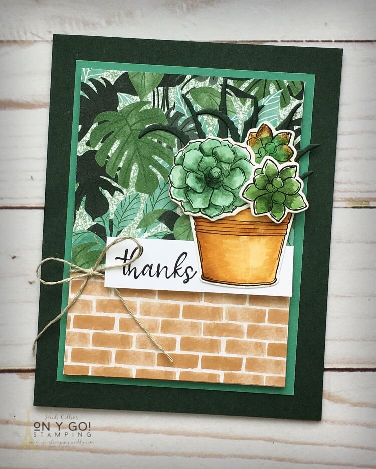 These Simply Succulents are set in front of a jungle view using the Bloom Where You're Planted patterned paper from Stampin' Up! Because this card is based on a card sketch and uses patterned paper is is quick and easy to pull together with a little simple watercoloring.
