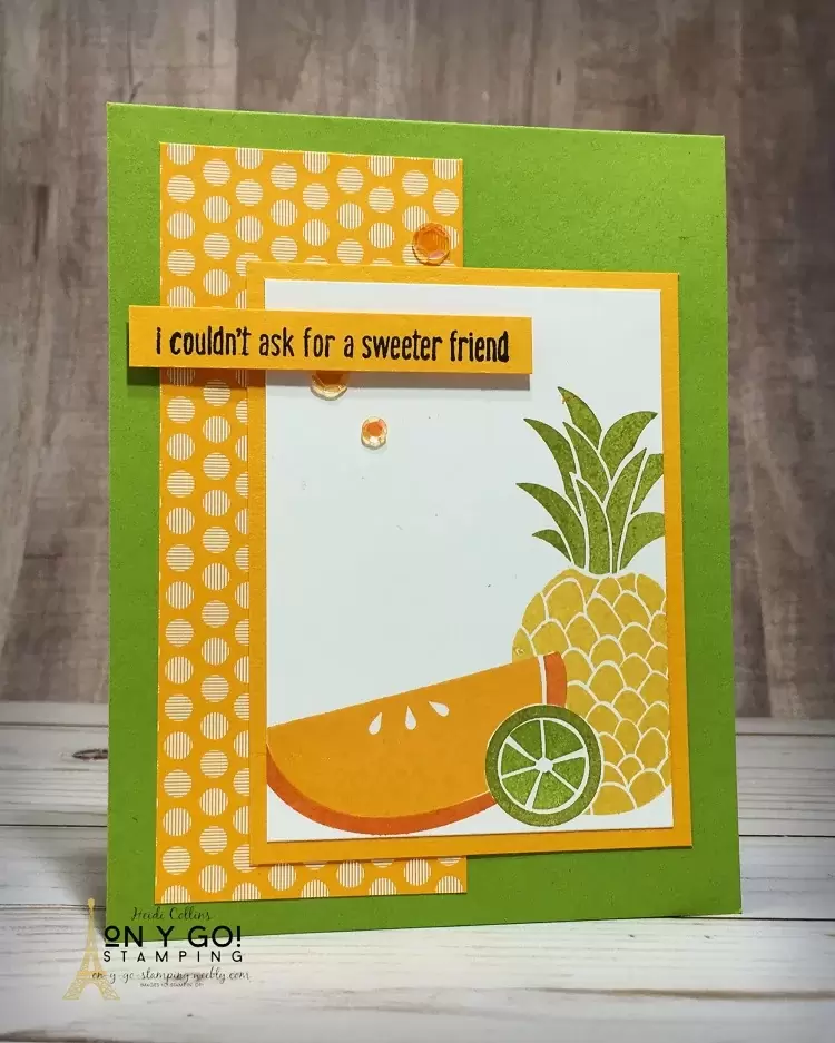 Fun card idea based on a simple card sketch using the Cute Fruit stamp set from Stampin' Up! This fun stamp set will be discontinued May 3, so be sure to grab it before it's gone!
