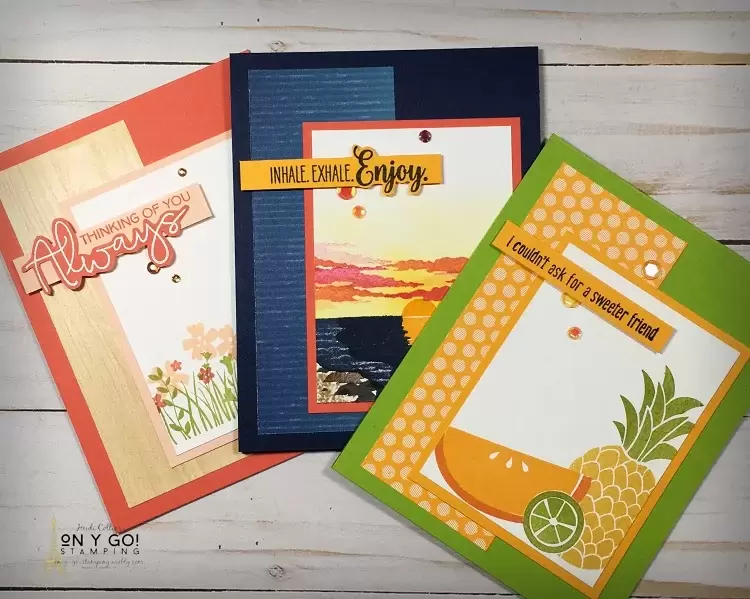 3 Card ideas using a simple card sketch as inspiration. Card sketches are a great way to create quick and easy cards. These samples use the Field of Flowers, Sending Sunshine and Cute Fruit stamp sets that are retiring.