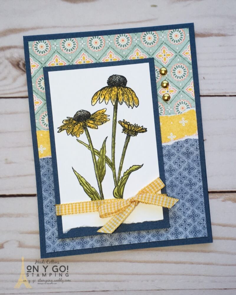 Fall card idea featuring the Harvest Meadow patterned paper and Nature's Harvest stamp set. An easy card to make with just a little coloring.